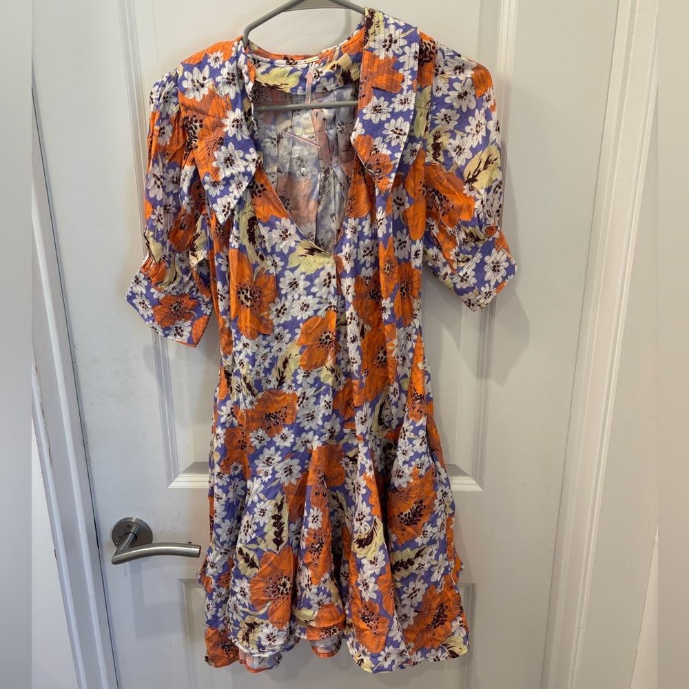 NWOT Free People retro Floral Orange & Purple Babydoll Dress- XS